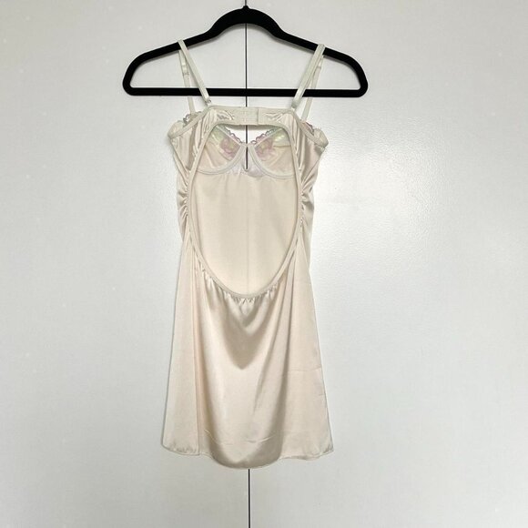 Cream satin silk lingerie backless slip dress floral lace trim bustier | Size S - Picture 3 of 8
